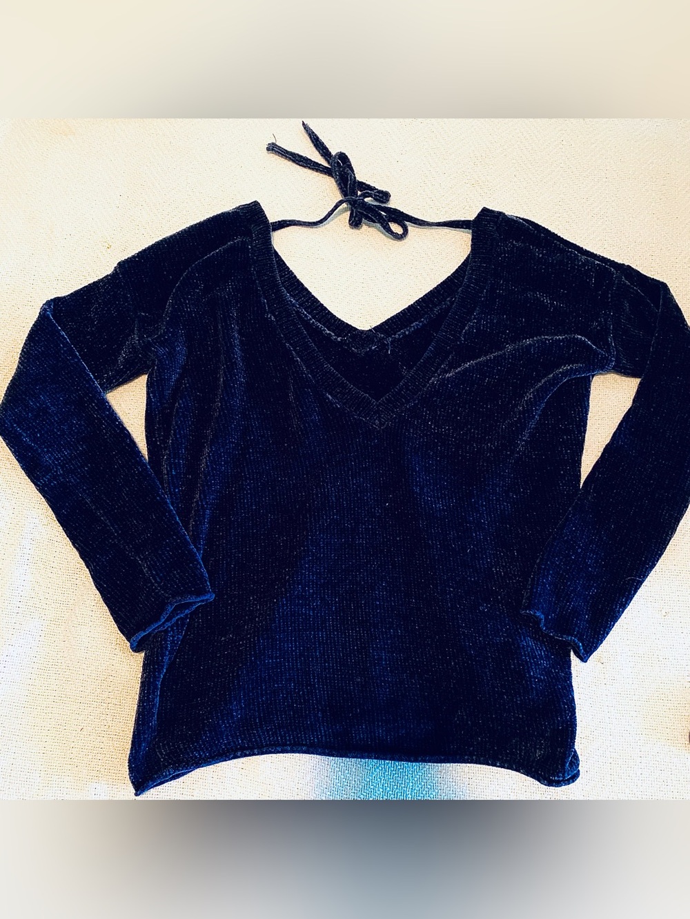 Garage Deep Navy Velvet V-Neck Sweater optional Off the Shoulder.